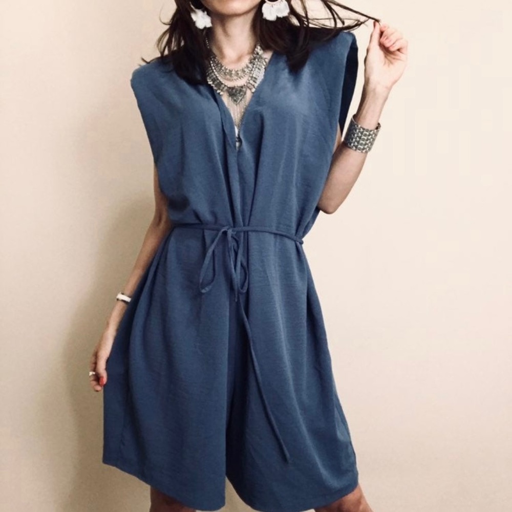 Zara Blue Sleeveless V-Neck Tie-Waist Romper
